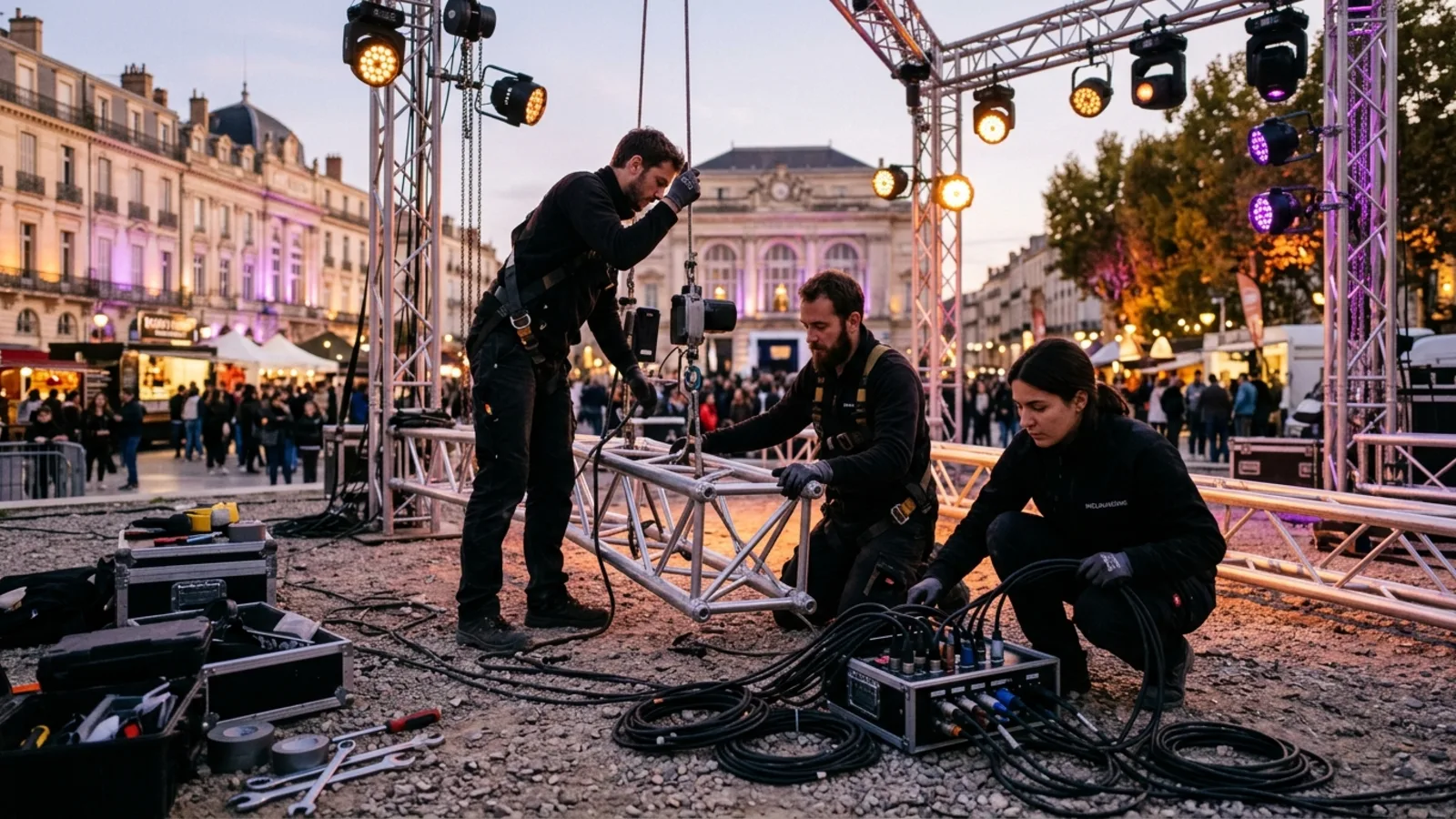 Installation d'une scène extérieure au crépuscule par les équipes d'INCLINAISONS
